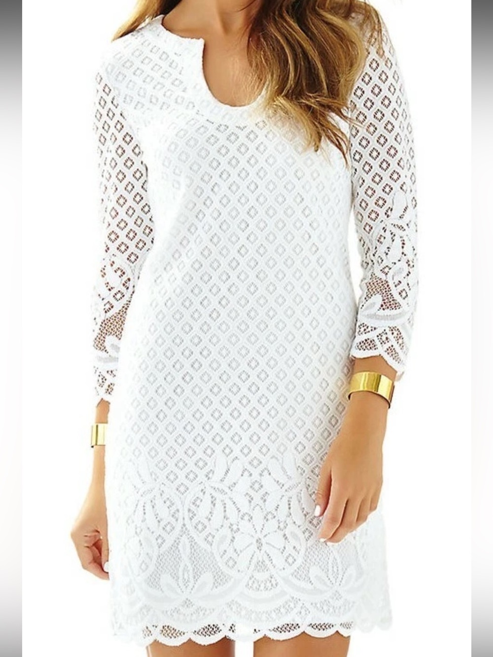 Lilly Pulitzer Mara Dress White Paradise Island Lace 3/4 Sleeve Shift Dress XS